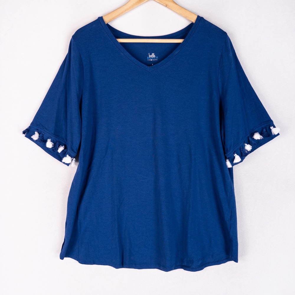 Belle Beach Kim Gravel Top Womens Sz Large Blue Tassel Trim Short Sleeve Boho